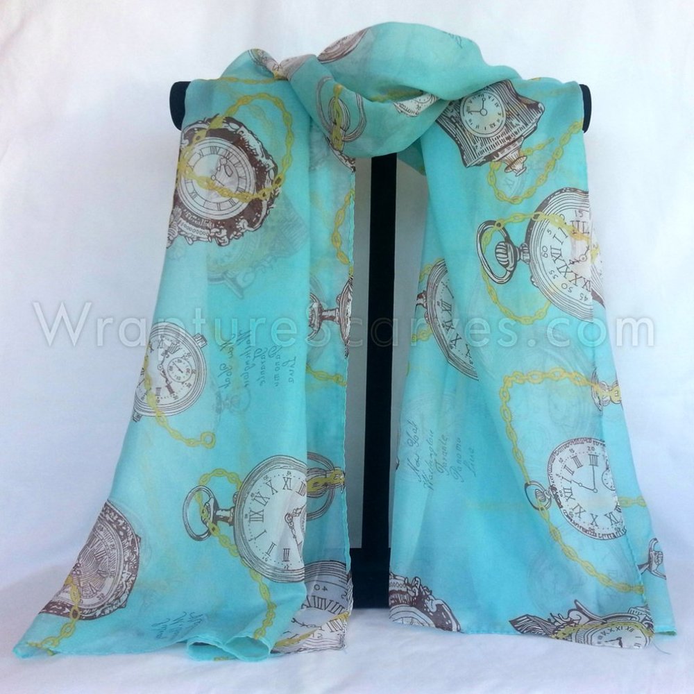 "Clockwork Teal” Polyester Chiffon neck/head Scarf $6.99 Shipping 25X58" NWOT